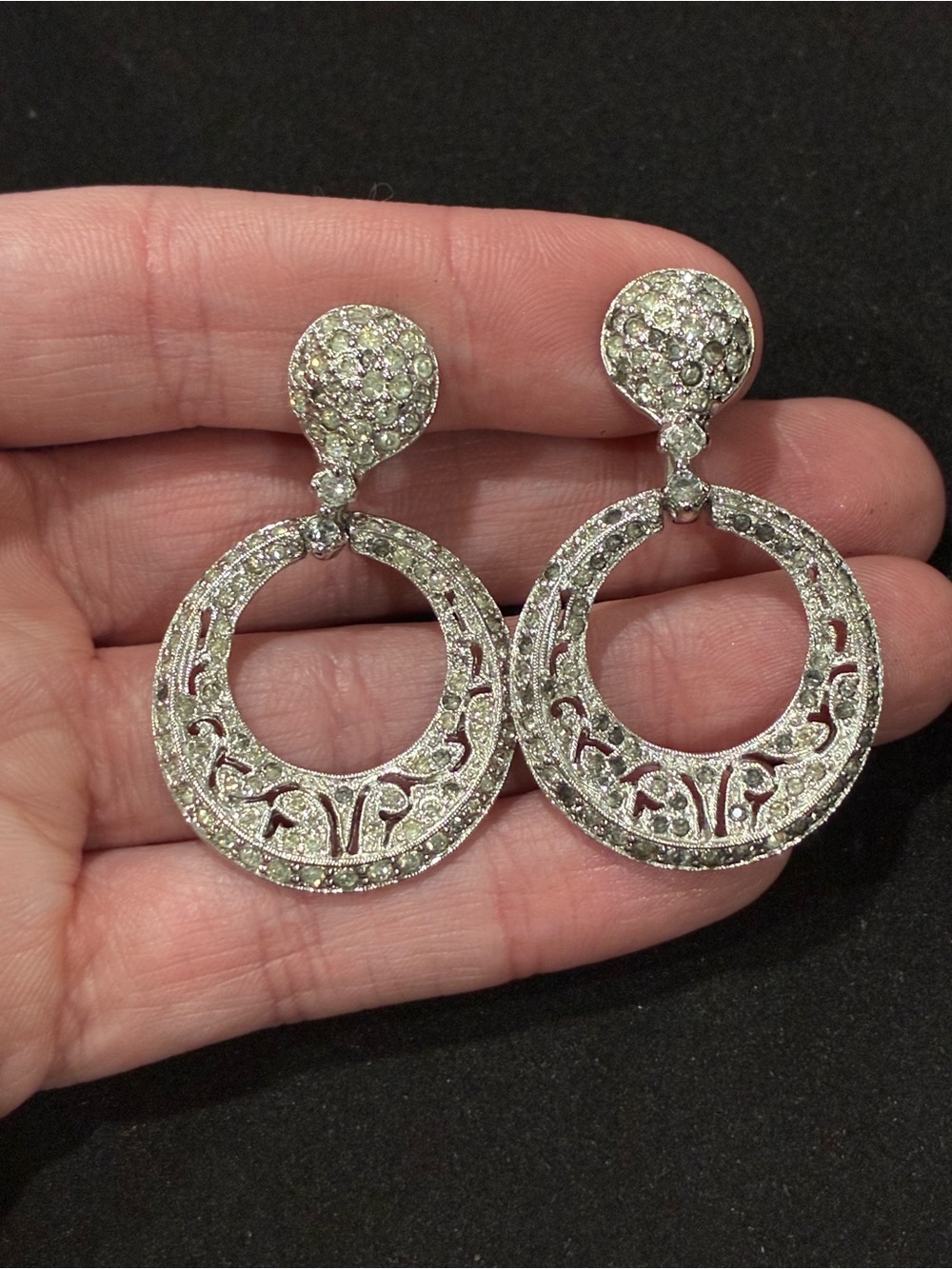 Vintage 1980s Silver Tone Diamante Pavé Hoop Drop Earrings